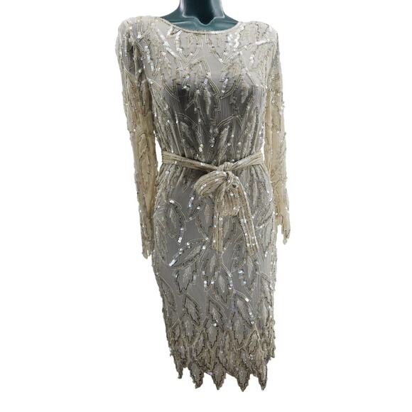 Vintage Swee lo I. Magnin Ivory White SILK Evening Midi Dress Women's M 3493 - Picture 1 of 8